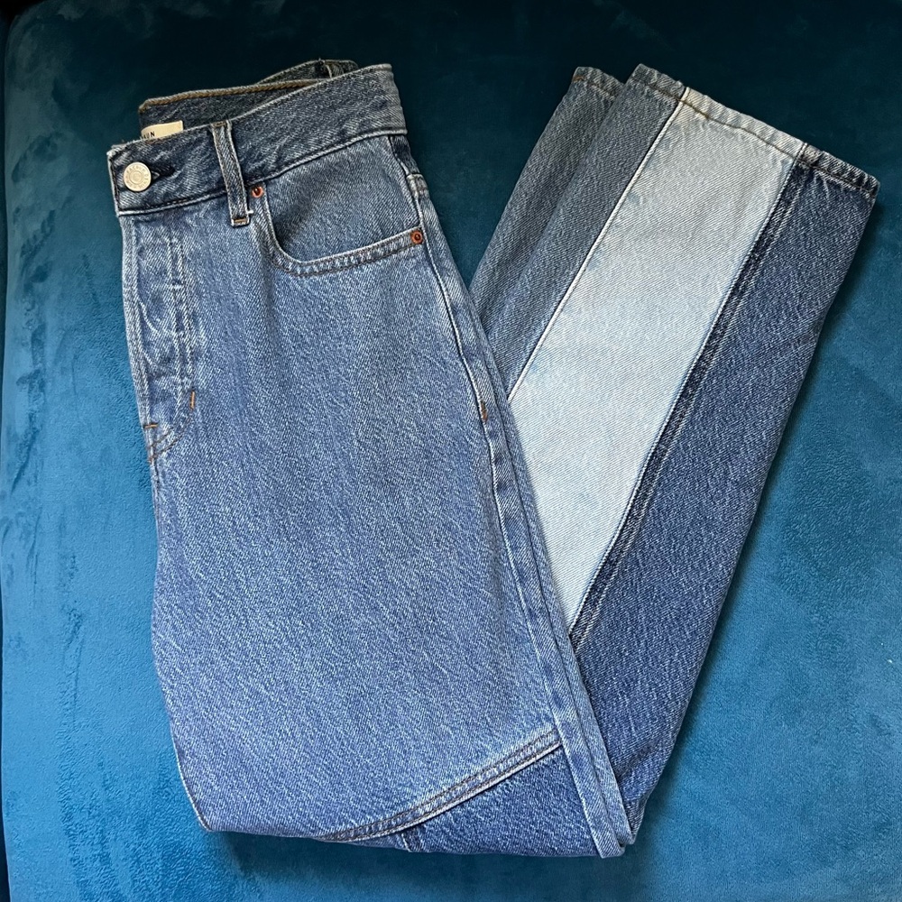 PACSUN Eco Two-Tone Patchwork Blue High Waisted Straight Leg Jeans - Picture 6 of 13